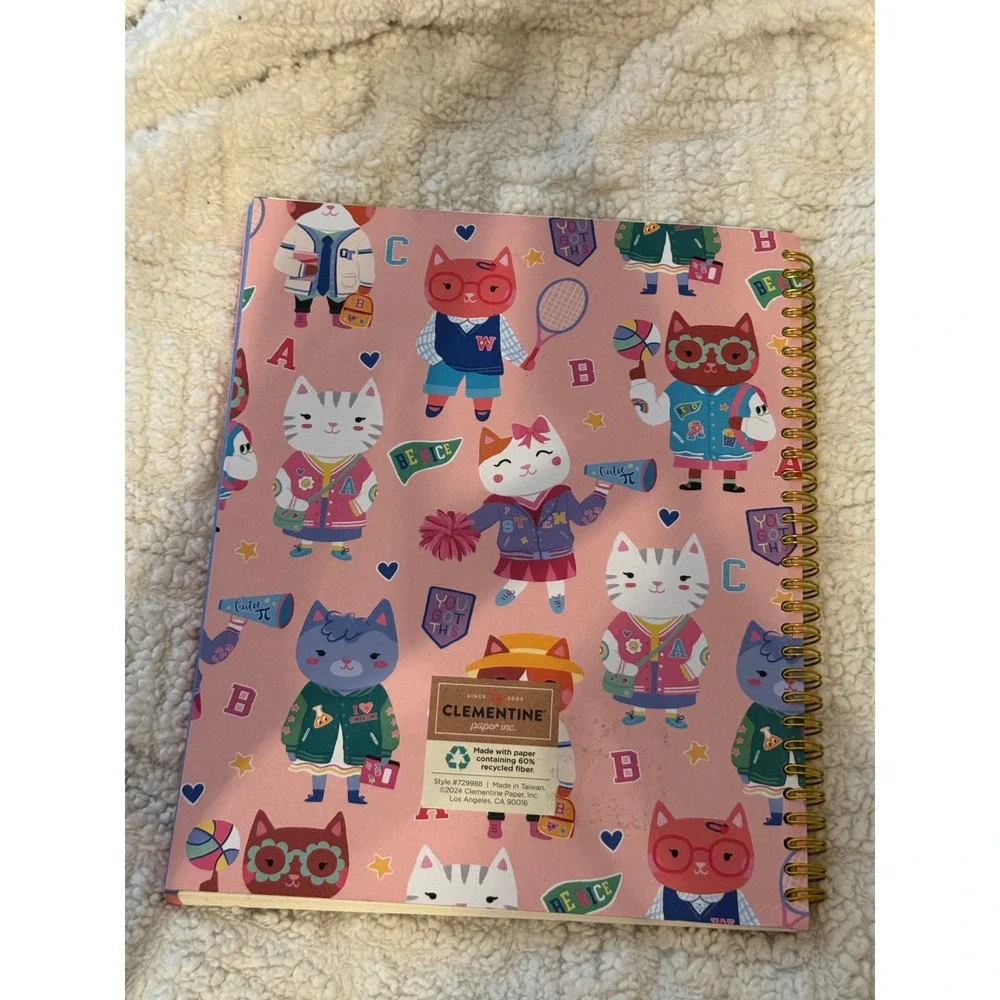 Clementine Paper Preppy Cats Spiral Notebook Pink Varsity School NWOT